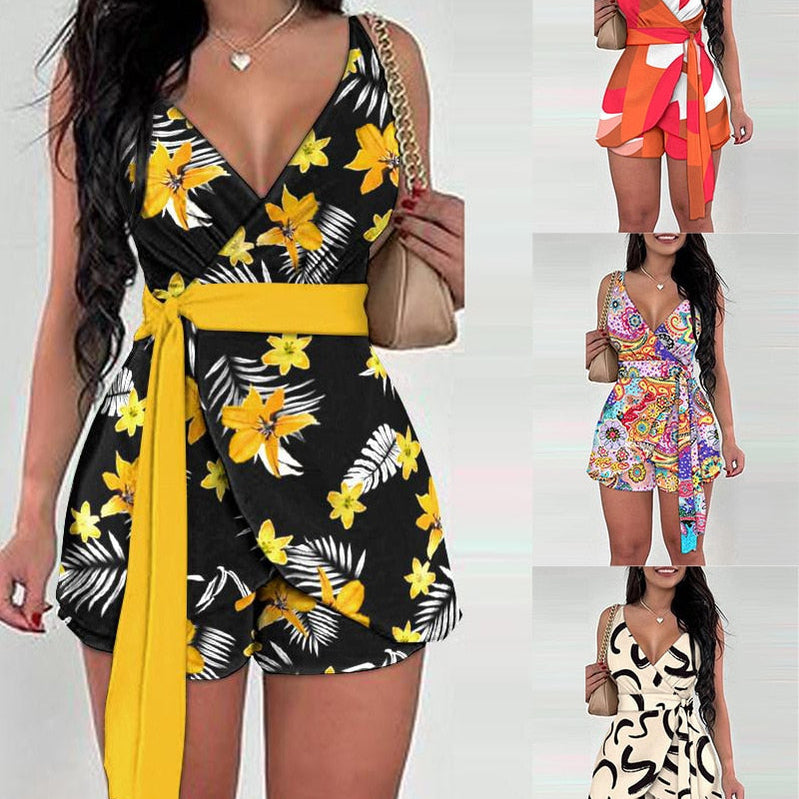 Women Floral Bandanna Printed Sashes Wrap Waist Strap V-neck Skirts Playsuit 2023 Chic Street One Piece Suit Romper