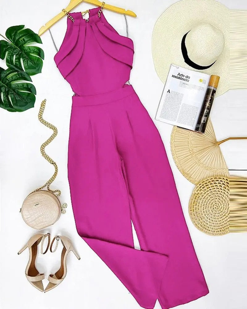Elegant Europe and America New Solid Fashion Chain Neck Fold Sleeveless Sexy Office Lady Jumpsuit Women Summer OTTD Romper C