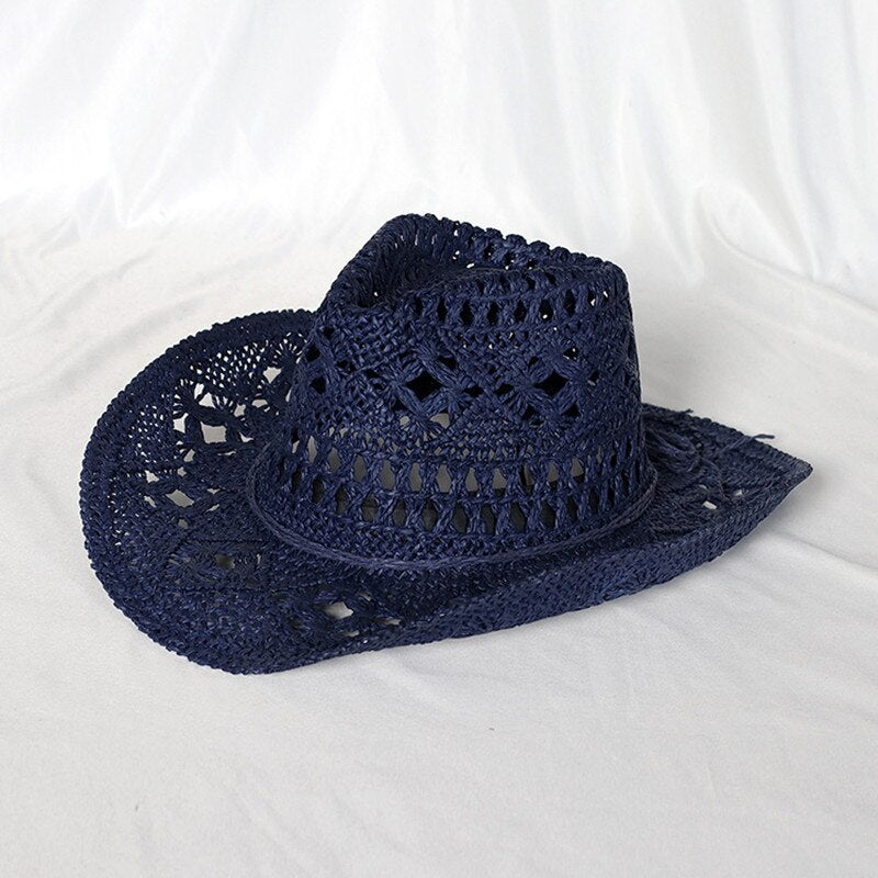Cowboy hat fashion hollow handmade cowboy straw hat men's summer outdoor travel beach hat unisex solid color western cowboy hat 1 M55-58cm