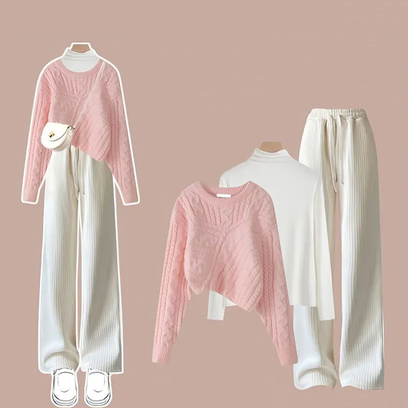 Autumn and Winter Set Women's New Korean Knitted Sweater Women's Underlay Casual Pants Three Piece Set Winter Clothes Women Three piece set 1