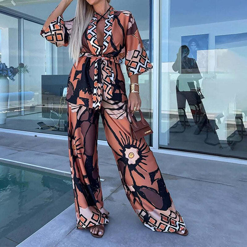 Fashion Casual Bohemia Print Loose Beach Set Spring Wide Leg Long Pants Suits Autumn Women Quarter-Sleeved Cardigan Shirt Outfit 1