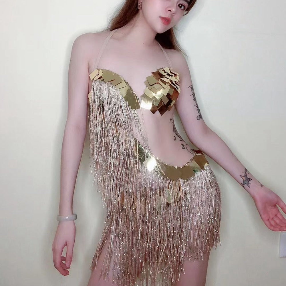 Sparkly Gold Sequins Fringes Dress Women Nightclub Tassel Dance Costume Stage Wear Birthday Outfits Sexy Pole Dance Clothing Gold