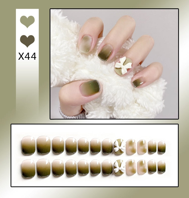 24PCS/Box Bowknot Rabbit Pattern Pearl Short Square Designer Fashion Design French Style Full Covering Pressed Fake Nails