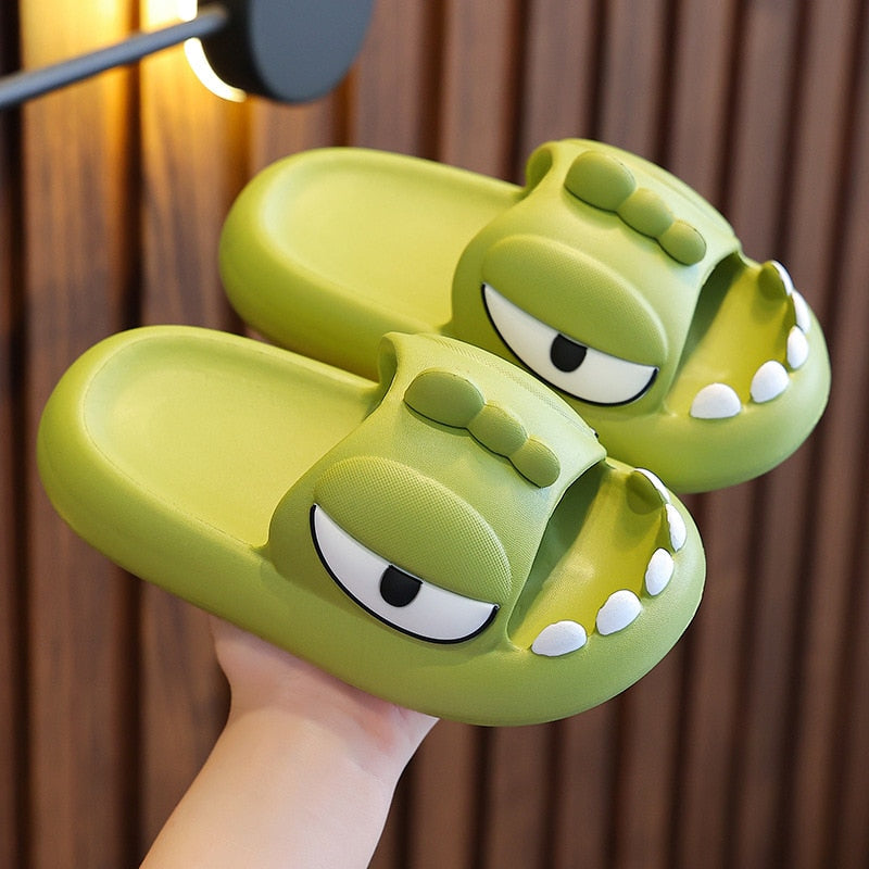 Dinosaur Slippers Kids 3-15 Year Boys Home Shoes Summer Cartoon Animal Bathroom Antislip Slides Teenager Girl Cute House Slipper dark green