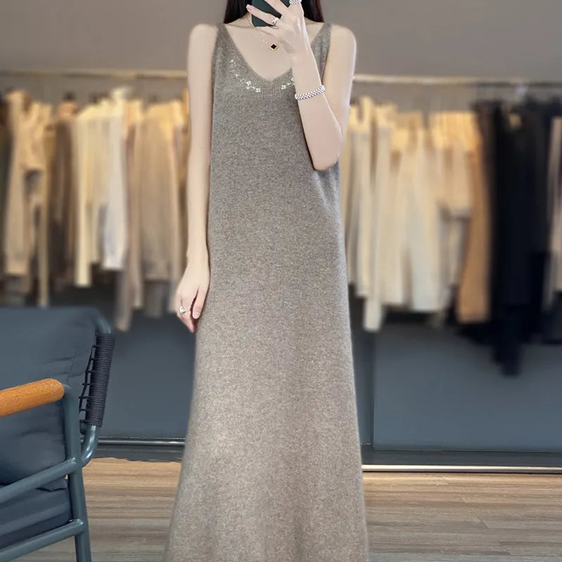 Autumn and Winter Pure Wool Fashion Versatile Cardigan Hanging Dress Set Large Women's Sweater