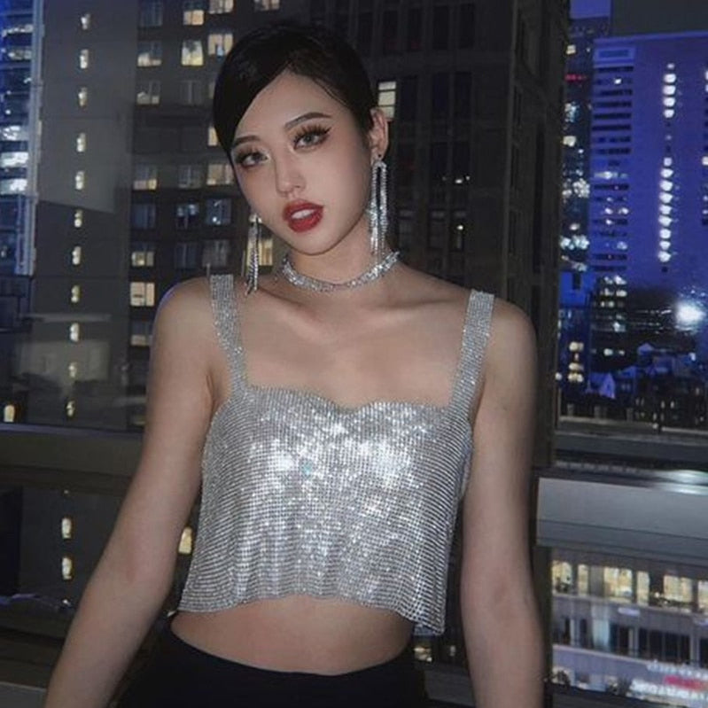 Black White Gold Summer Women Rhinestone Tank Top Sexy Girl Nightclub Trend Sling Shiny Diamond Bikini Crop Top