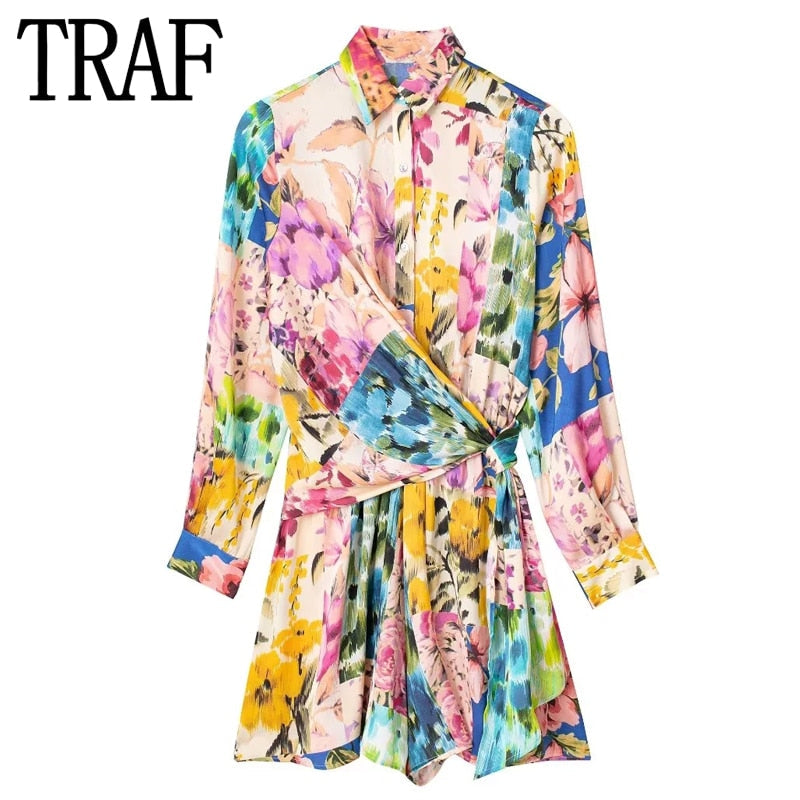 2023 Woman Short Playsuit Patchwork Print Female Jumpsuit Knot Long Sleeve Women's Summer Playsuit Beach Women Jumpsuits