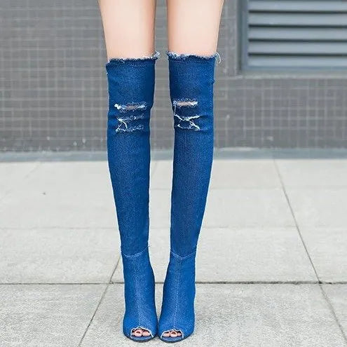 Women Boots Spring Thigh High Boots Denim Boots Women High Heels Women Shoes Peep Toe Tassel Jean Boot Ladies Shoes Boots
