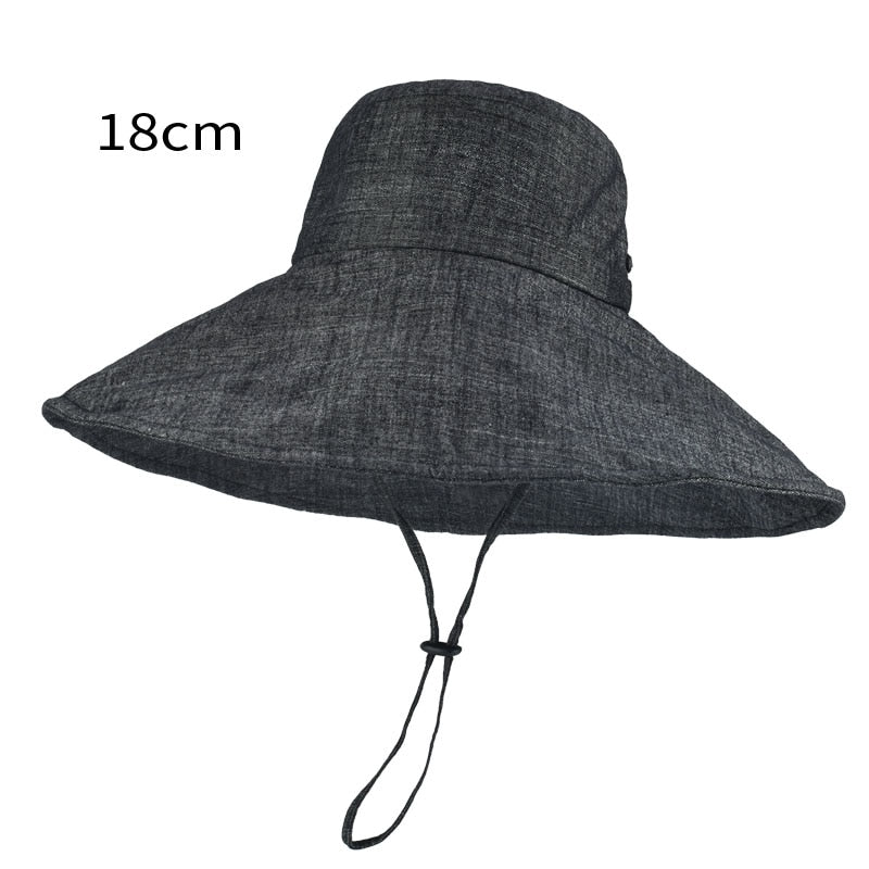Wide Brim 18cm Linen Sun Hats for Women Uv Protection UPF 50+ Sunshade Foldable Bucket Hat Beach Outing Panama Black 55-60cm