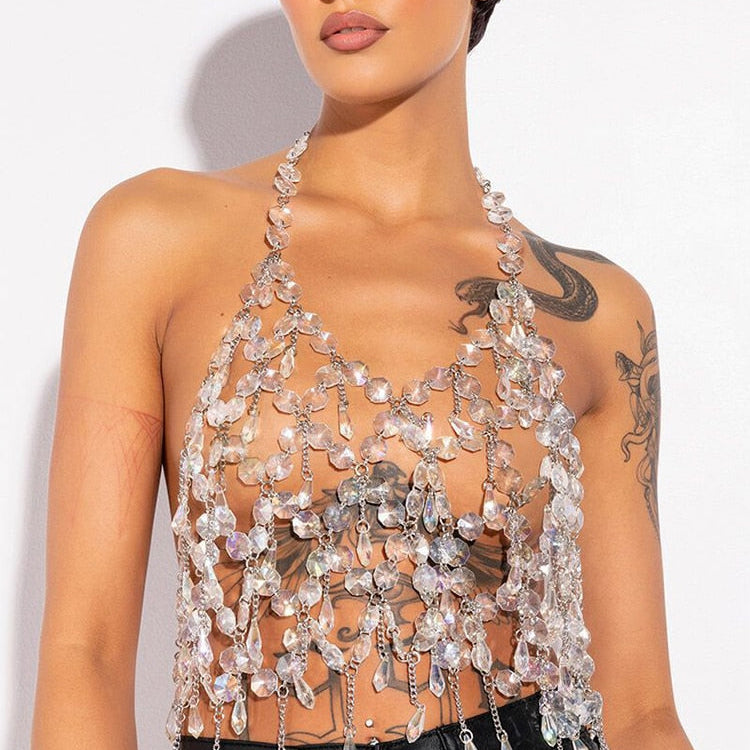 y2k Fashion Transparent Crystal Acrylic Tank Top For Women Sexy Hollow Out Backlesss Halter Solid Diamonds Nightclub Crop Tops