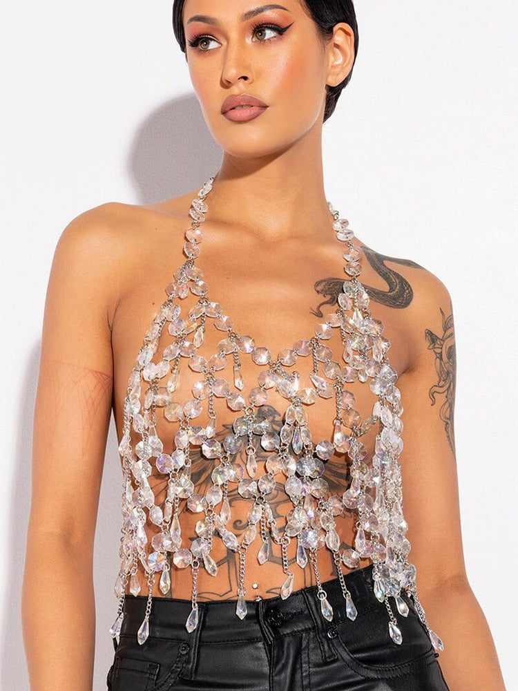 y2k Fashion Transparent Crystal Acrylic Tank Top For Women Sexy Hollow Out Backlesss Halter Solid Diamonds Nightclub Crop Tops