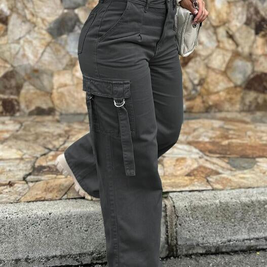 Pocket Design High Waist Cargo Pants Women Solid Color Summer Spring Pants Safari Dark Grey