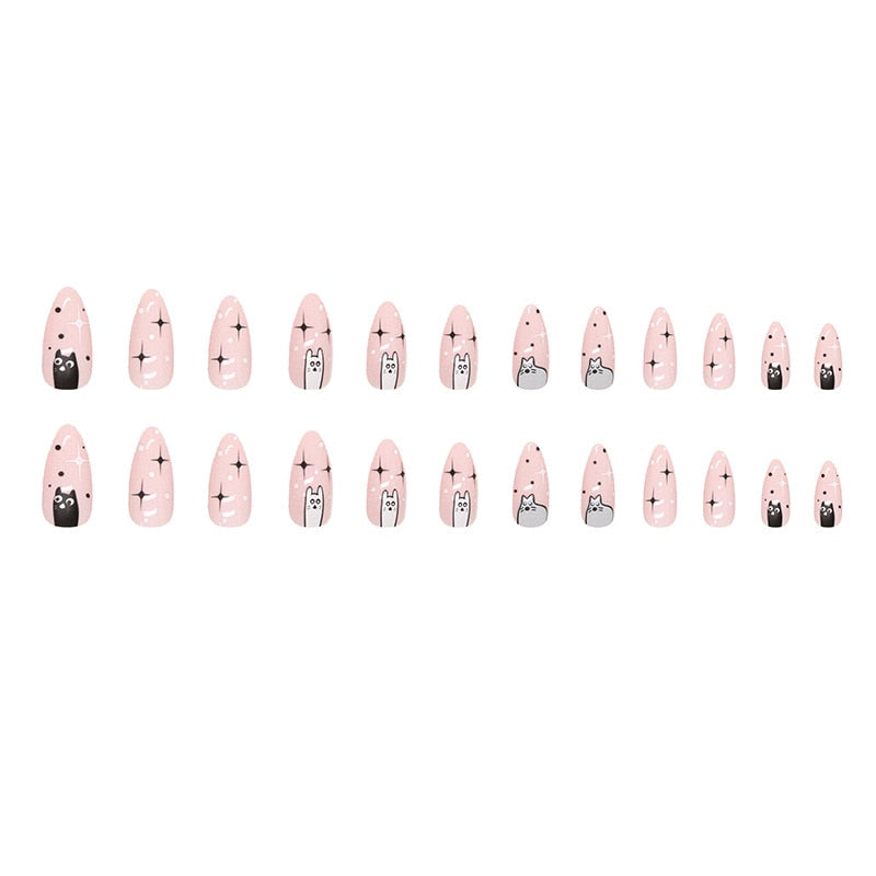 Cute Cat Printed Fake Nails Almond Head Full Cover Press on FIngernails Cartton Pink Acrylic Nail Art Tips for Girls