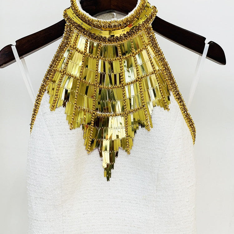 HIGH STREET Newest Fashion Designer Tops Women's Stunning Metallic Diamonds Beaded Halter Neck Tweed Camis Tank Tops White