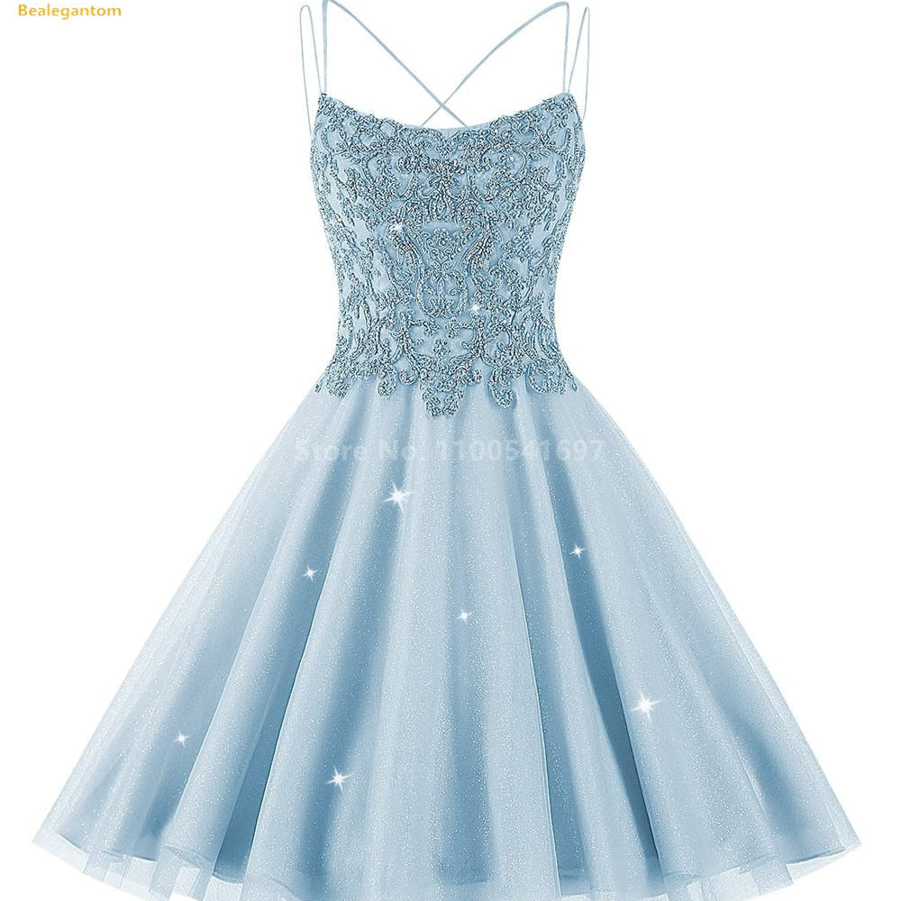 Bealegantom Lace Beaded Spaghetti Homecoming Dresses Sparkly Tulle Pageant Short Prom Party Cocktail Gown Vestidos De Graudation