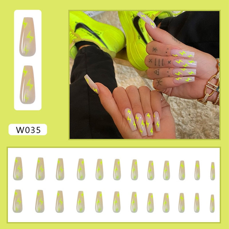 24Pcs/Box White French Fake Nails Press on Long XL Length Rhinestone Design False Nails Full Cover Acrylic Nail Tips