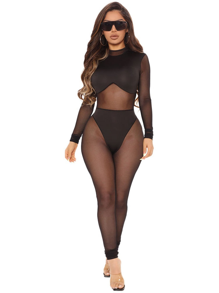 Sexy Jumpsuit Women Transparent Black Jumpsuits Elastic Mesh Bodysuits Summer See Through One Piece Night Club Outfit