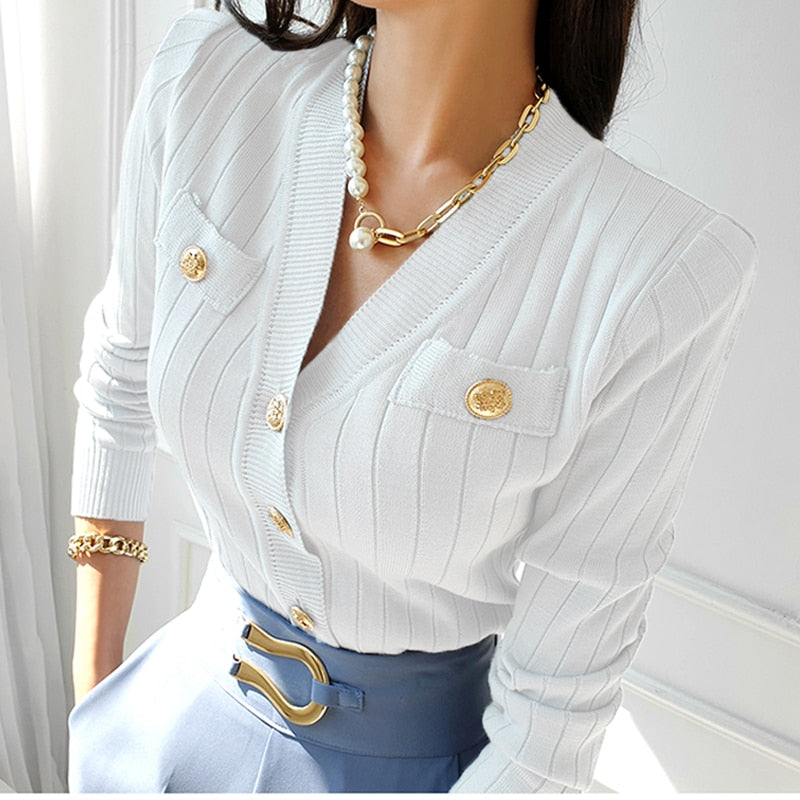 Spring Fall Korean Women's All-Match Long Sleeve Luxury Cardigan Sweater Elegant Knitted Top Coat white One Size