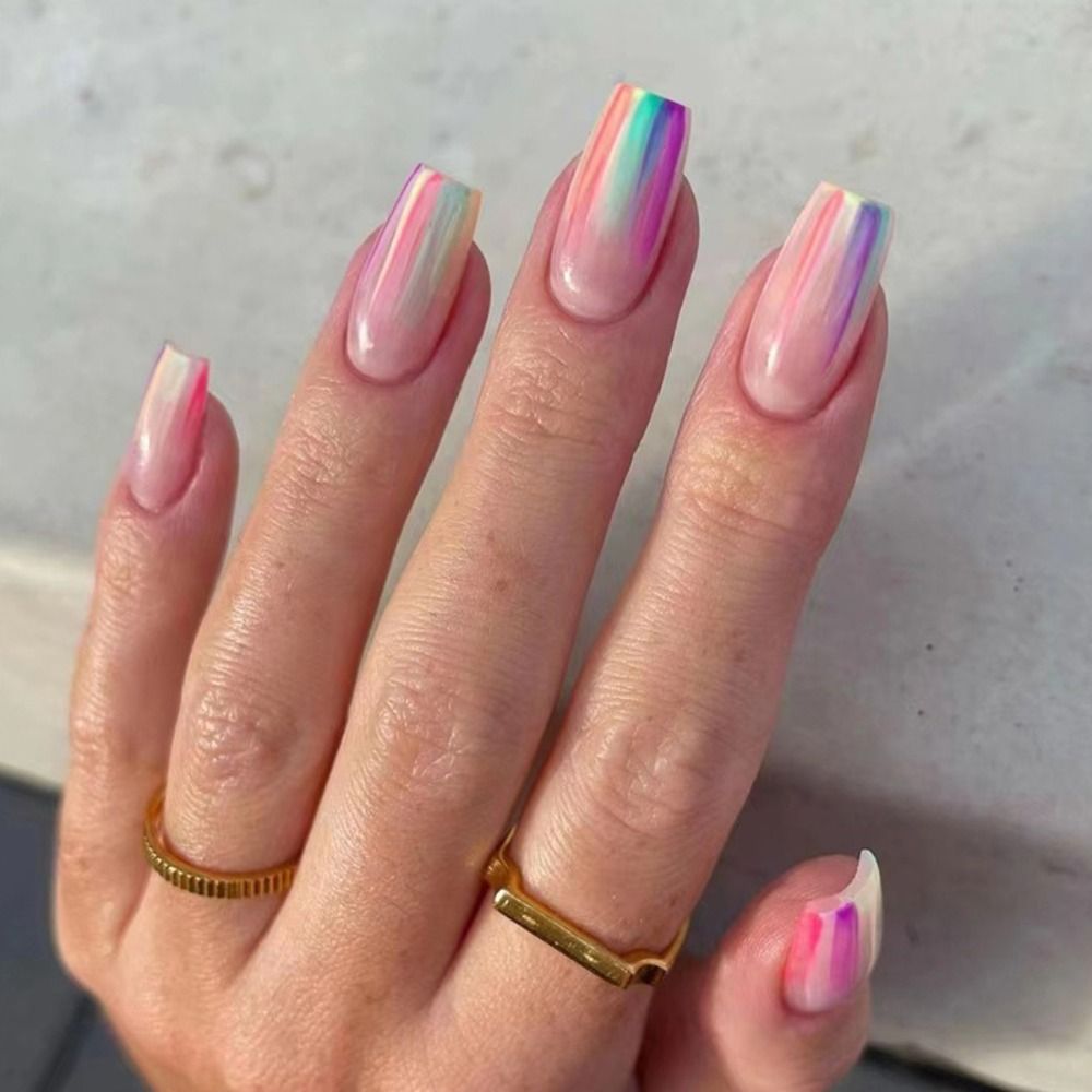 Summer False Nails Square Head Full Cover Nail Tips Detachable Fake Nails Press on Nails Manicure 24Pcs DIY Manicure 2