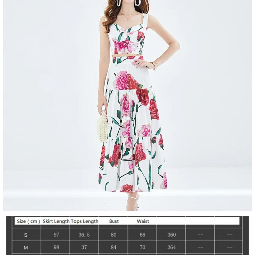 Summer Floral Dress Sets Women 2 Piece Outfit Sexy Slim Tops and Skirt Party Set Suspender Strap Suit Ballgown Frocks 1