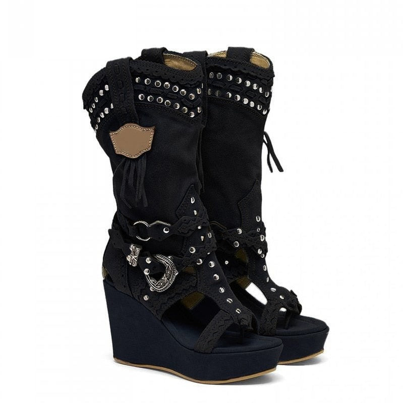 High Heels Ladies Ankle Boots Shoes Retro Canvas Cowboy Wedges Boots Women's Shoes Tailoring Sandals Women Mujer Sapato Feminino Black