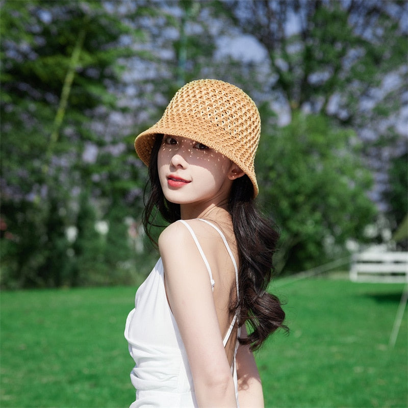 Sunscreen Hat Women's Net Red ins Korean Bucket Hat Hollow out Fisherman Basin Hat Outdoor Knitted Sun Shield Hat 13 55-58CM