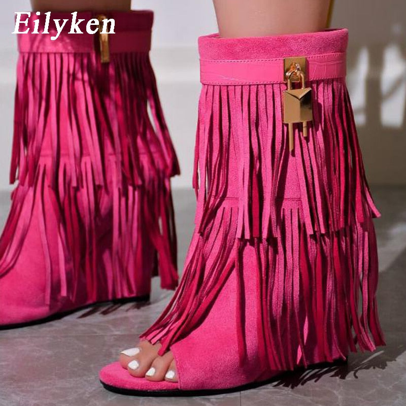 Eilyken Designer Fringe Wedges Boot Sandals Woman High Heels Open Toe Party Prom Shoes Sexy Zipper Female Pumps