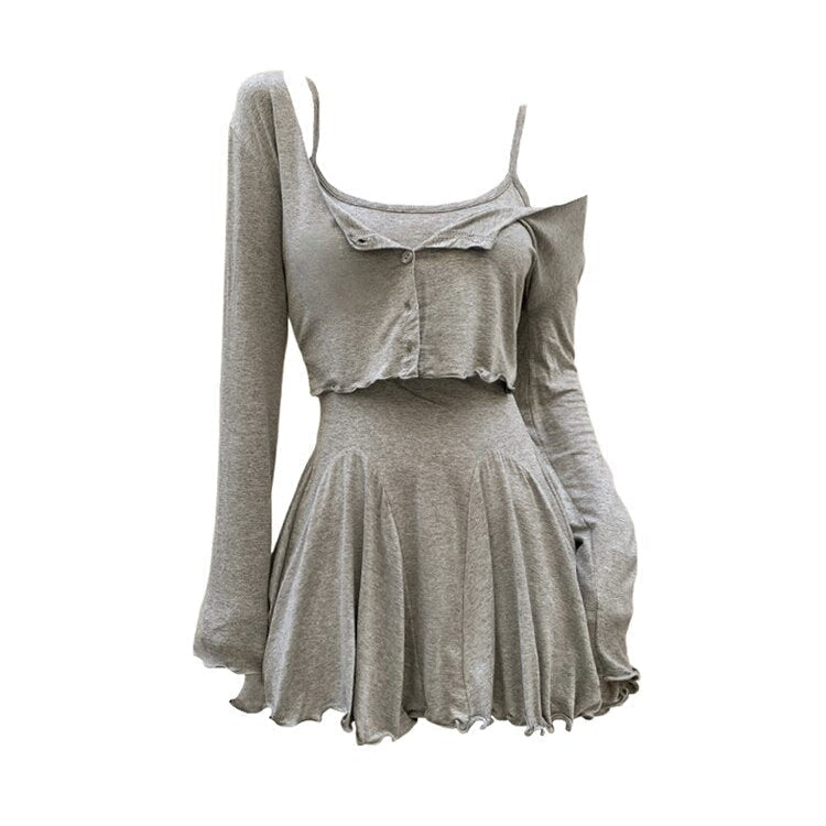 Fall Women Vacation Outfits 2 Piece Dress Set Solid Color Long Sleeve Cardigan Top + 2000s Aesthetic Mini Gyaru Pleated Dresses Grey One Size