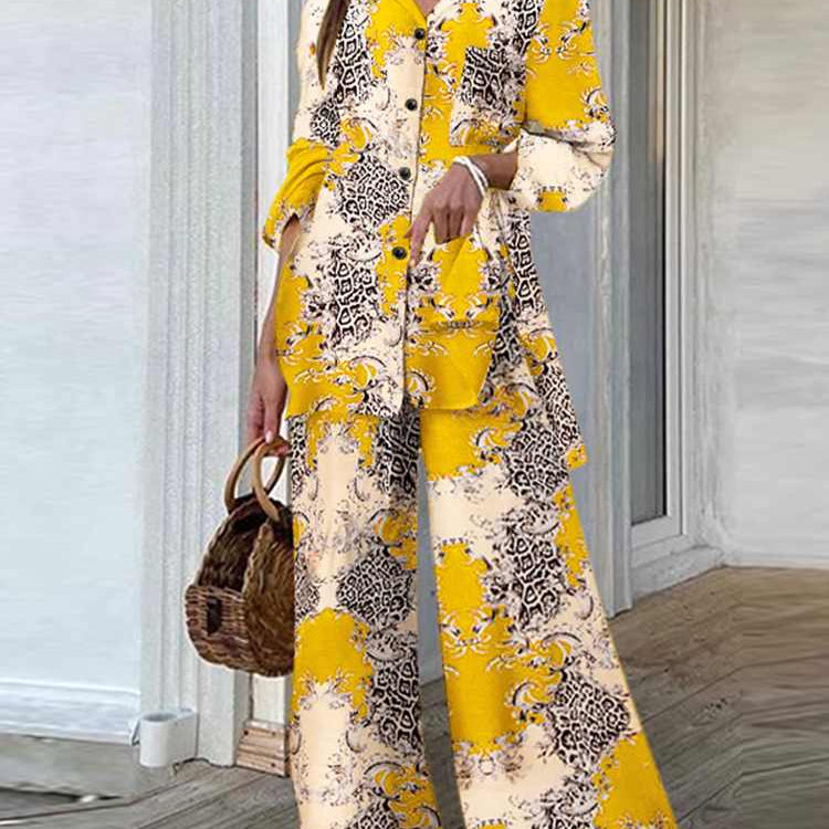 Fashion Women Leopard Print Pant Sets Casual Loose Tops and Pant Outfits Autumn Wide Leg Pant Leisure Two Piece Sets (Printed 1)Yellow