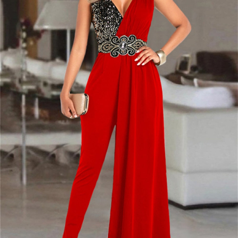 Fashion Sequin Print V-neck Jumpsuit Women Office Lady Elegant Sleeveless Jumpsuit Casual Overalls for Women