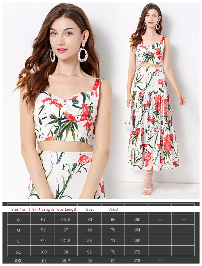 Summer Floral Dress Sets Women 2 Piece Outfit Sexy Slim Tops and Skirt Party Set Suspender Strap Suit Ballgown Frocks