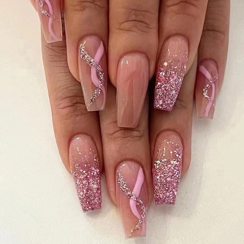 Fashion Colorful Butterfly False Nail Tips With Designs French Coffin Manicure Middle Long Ballerina Fake Nails Set Press on Nai