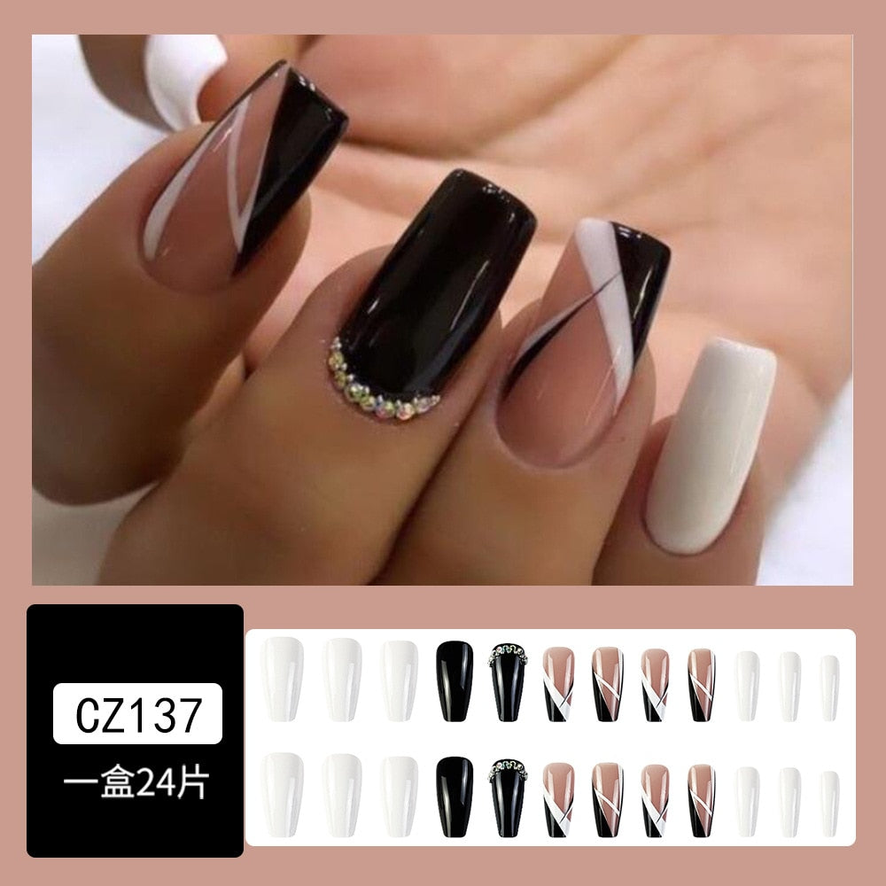 Gradient Fake Nails Press on Nail Diamond Cross Art Long Tips False Forms with Glue Stick Stickers Reusable Set CZ137