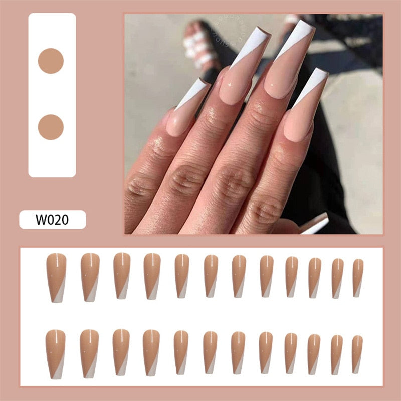 24Pcs/Box White French Fake Nails Press on Long XL Length Rhinestone Design False Nails Full Cover Acrylic Nail Tips