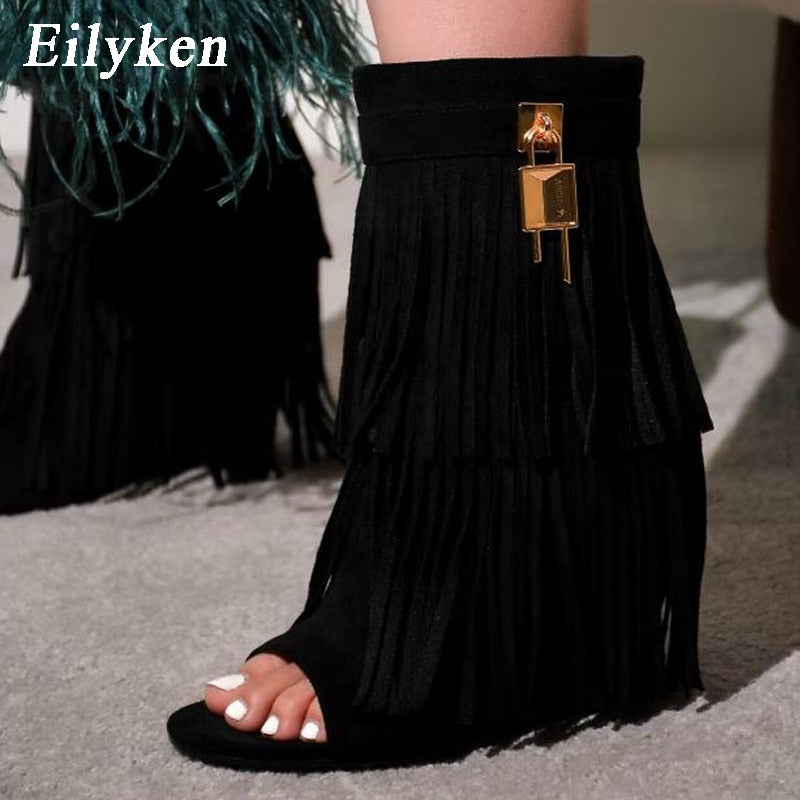 Eilyken Designer Fringe Wedges Boot Sandals Woman High Heels Open Toe Party Prom Shoes Sexy Zipper Female Pumps