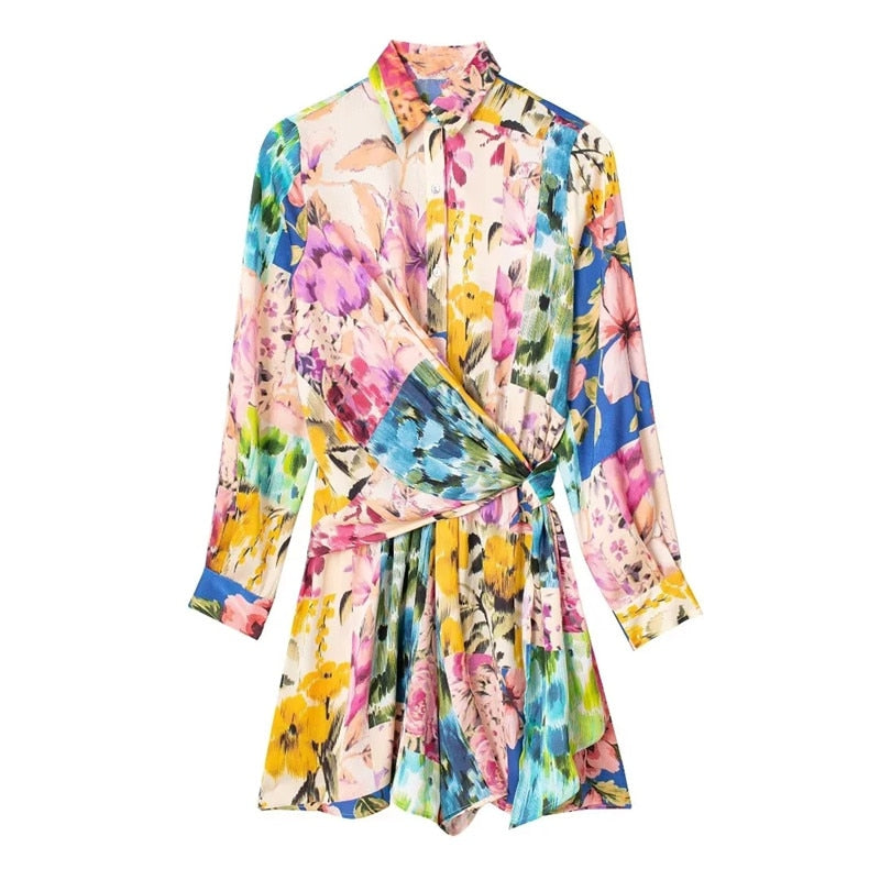 Woman Short Playsuit Patchwork Print Female Jumpsuit Knot Long Sleeve Women's Summer Playsuit Beach Women Jumpsuits Print
