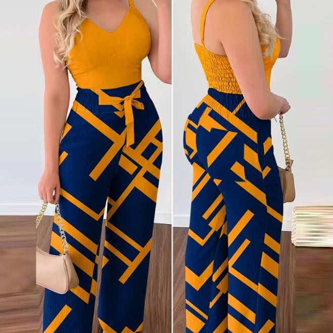 Woman Long Jumpsuits Elegant Sexy V-Neck Shirred Cami Top & High Waist Pants Set New Fashion Casual One Pieces E