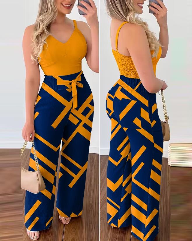 Woman Long Jumpsuits Elegant Sexy V-Neck Shirred Cami Top & High Waist Pants Set New Fashion Casual One Pieces E