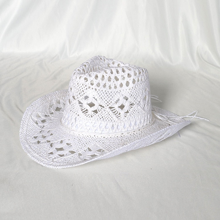 Cowboy hat fashion hollow handmade cowboy straw hat men's summer outdoor travel beach hat unisex solid color western cowboy hat 7 M55-58cm