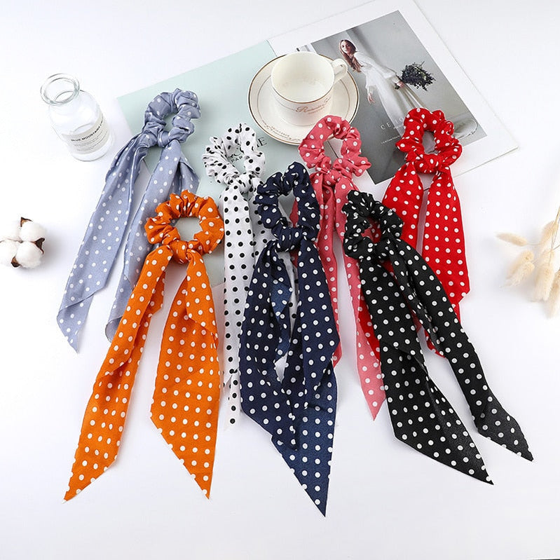Fashion Print Chiffon Long Ribbon Scrunchies Women Girls Ponytail Scarf Elastic Hair Bands Ties Hair Accessories Wholesale