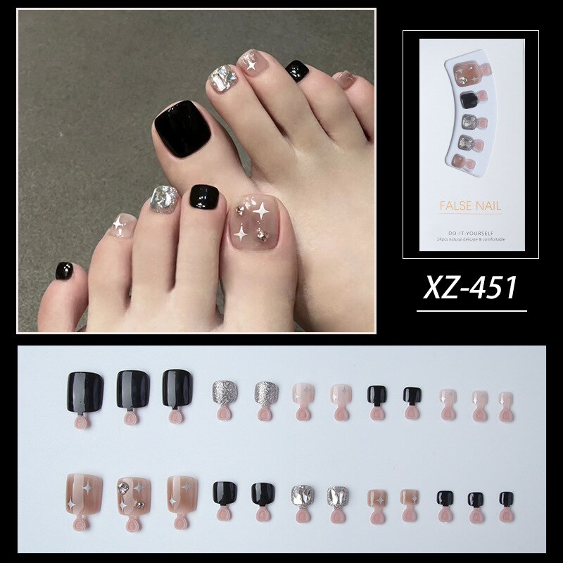 Summer Gold Full Diamond Feet Nails Press On Fake Glitter Toe Nail Stickers Full Cover Toe Nail Tips False Foot Nails