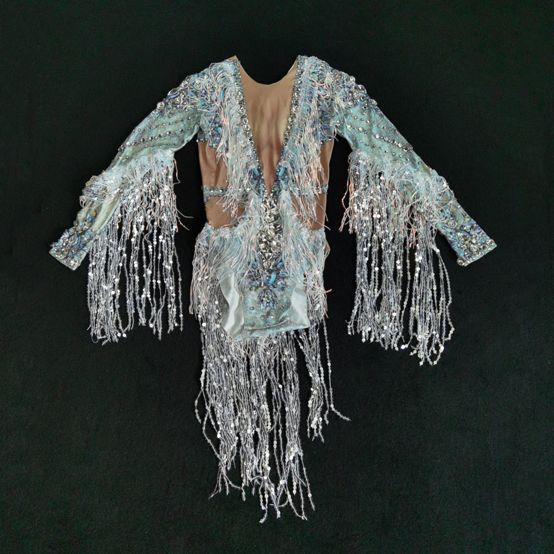 Sparkling Silver Rhinestone Sequin Tassel Party Bodysuit Women Stretch Dance Fringes Jumpsuit Club Bar Singer Leotard Stage Wear multi
