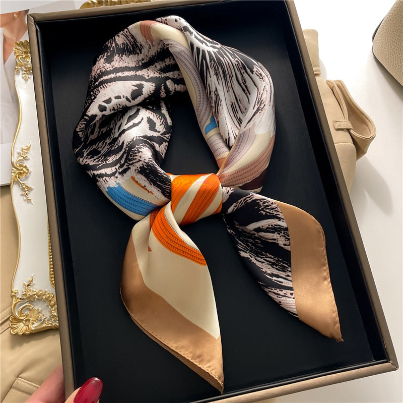 Luxury Print Satin Silk Square Scarf for Women Shawl Hijab Neckerchief Female Hair Ribbon Headband Fashion Wrap Bandana New FJ658-2