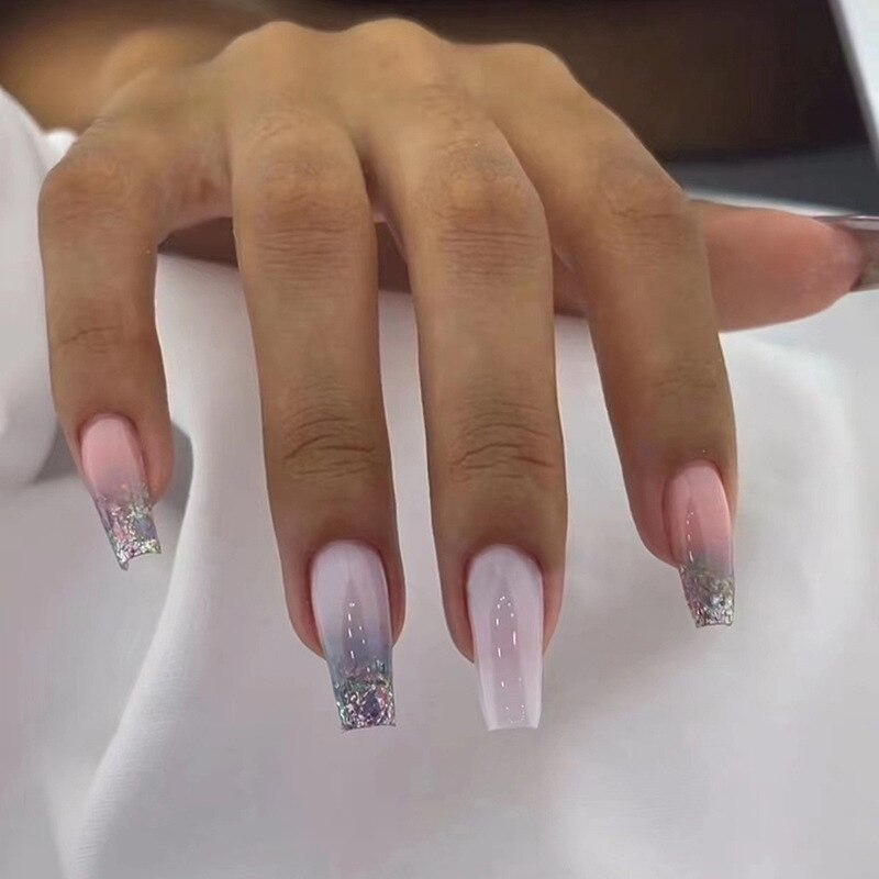 Detachable Manicure Wearable Nail Art Press On Nails purple Glitter French False Nails Long Coffin Fake Nails Full Cover Tips W699