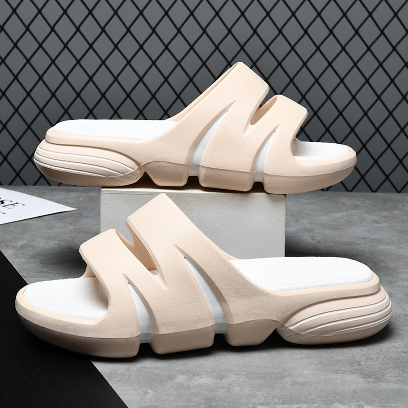 JOYWILL Summer Men's Slippers EVA Soft Bottom Non-slip Slippers Fashion Lightweight Outdoor Beach Flip Flops Shoes For Men Beige-White-A Spain