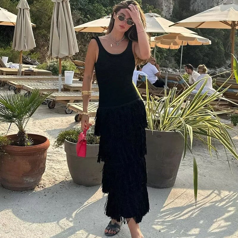 Fringing Slip Dress Summer Dresses For Women Backless Sleeveless Casual Long One-Piece Dress Elegant Prom Party Dress