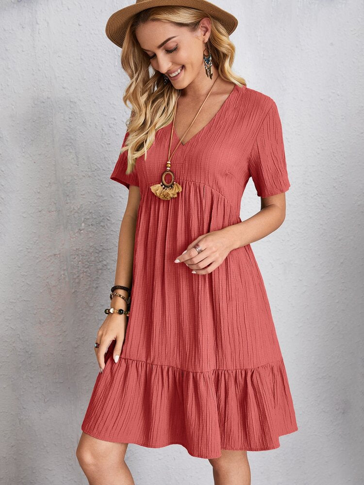 Summer Knee Length Dresses for Women 2023 New-In One-Piece Loose Casual Short Sleeve Dress Vintage Chic Maxi Midi Dress Outfits C2 Red