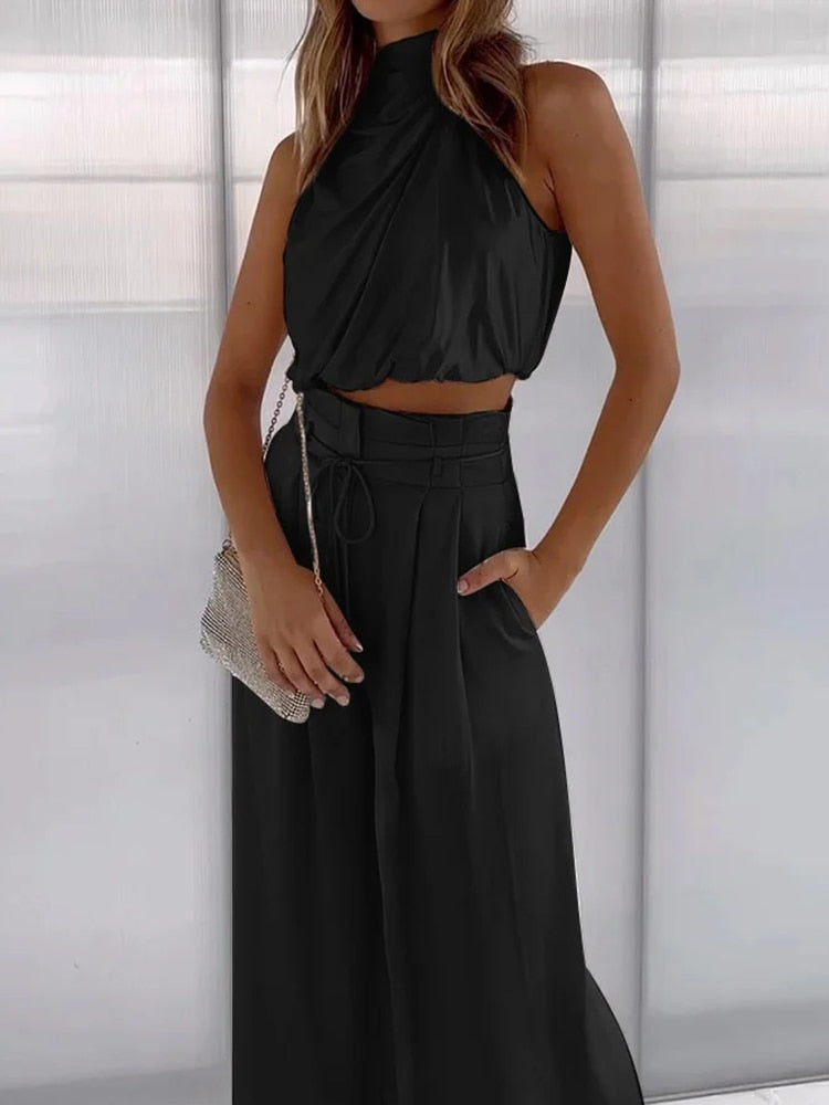 Drauuing Beige Two Piece Pants Sets Women Outfit Silk Pleated Texture Sleeveless Top Wide Leg Pants Set Summer Matching Sets Black