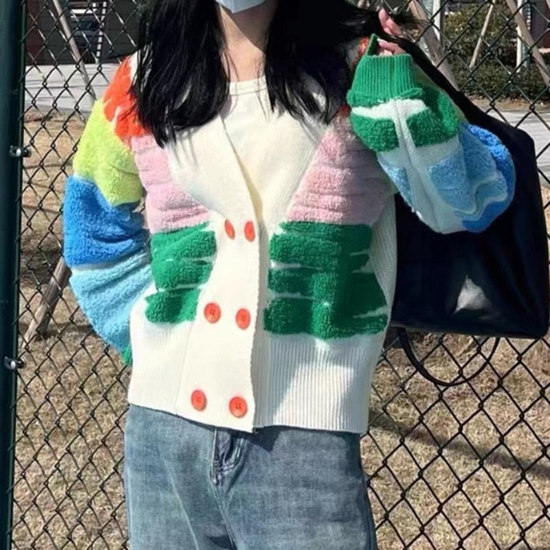 Women Rainbow Striped Colorful Cardigan Fall Winter Sweater V-Neck Knit Tops Dopamine Outfit