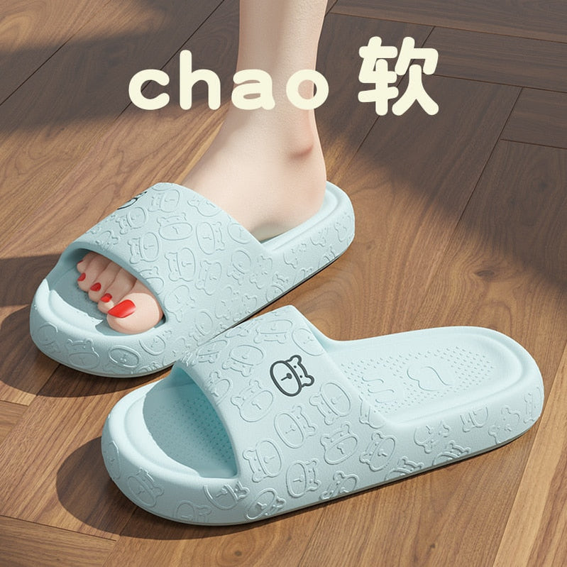Outdoors Summer Women Men Flat Thick Platform Slippers Non-Slip Cartoon Home Bath Sandals Beach Slides Couples Ladies Shoes blue